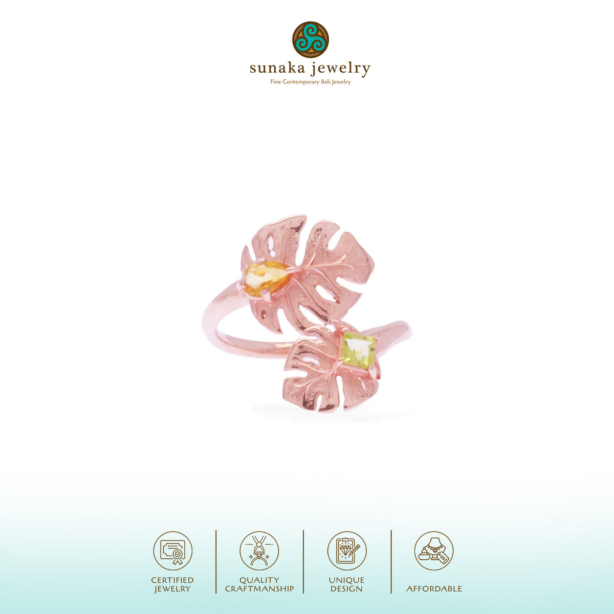 Cincin Adjustable Perak 925 Monstera Rose Gold Plated