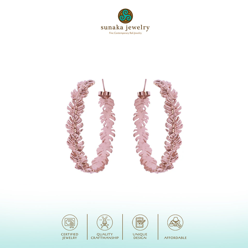 925 Silver Monstera Rose Gold Plated Large Hoop Earrings