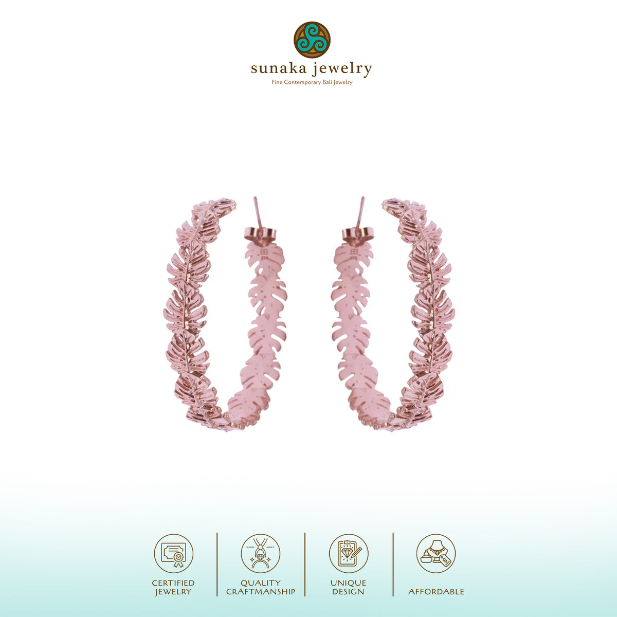 Anting Hoop Besar Perak 925 Monstera Rose Gold Plated