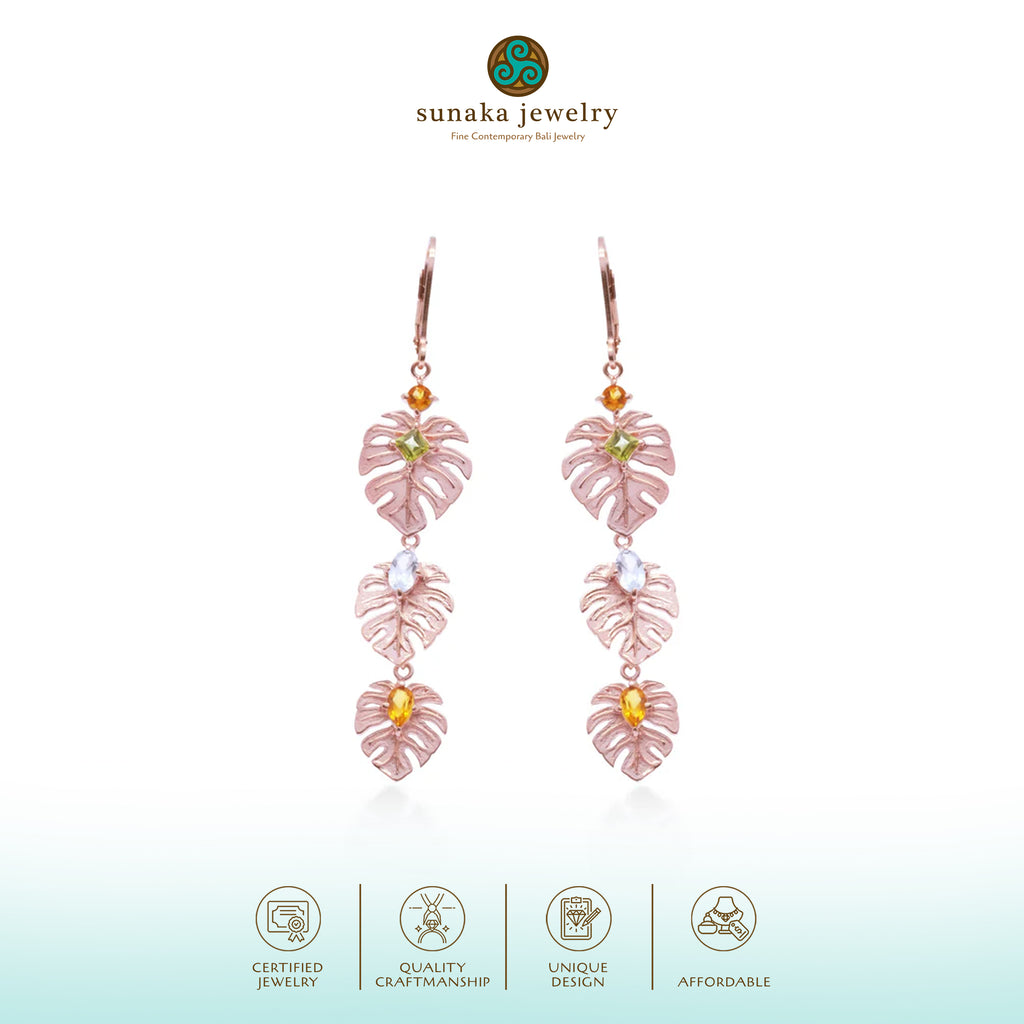 Anting Dangling Perak 925 Monstera Rose Gold Plated