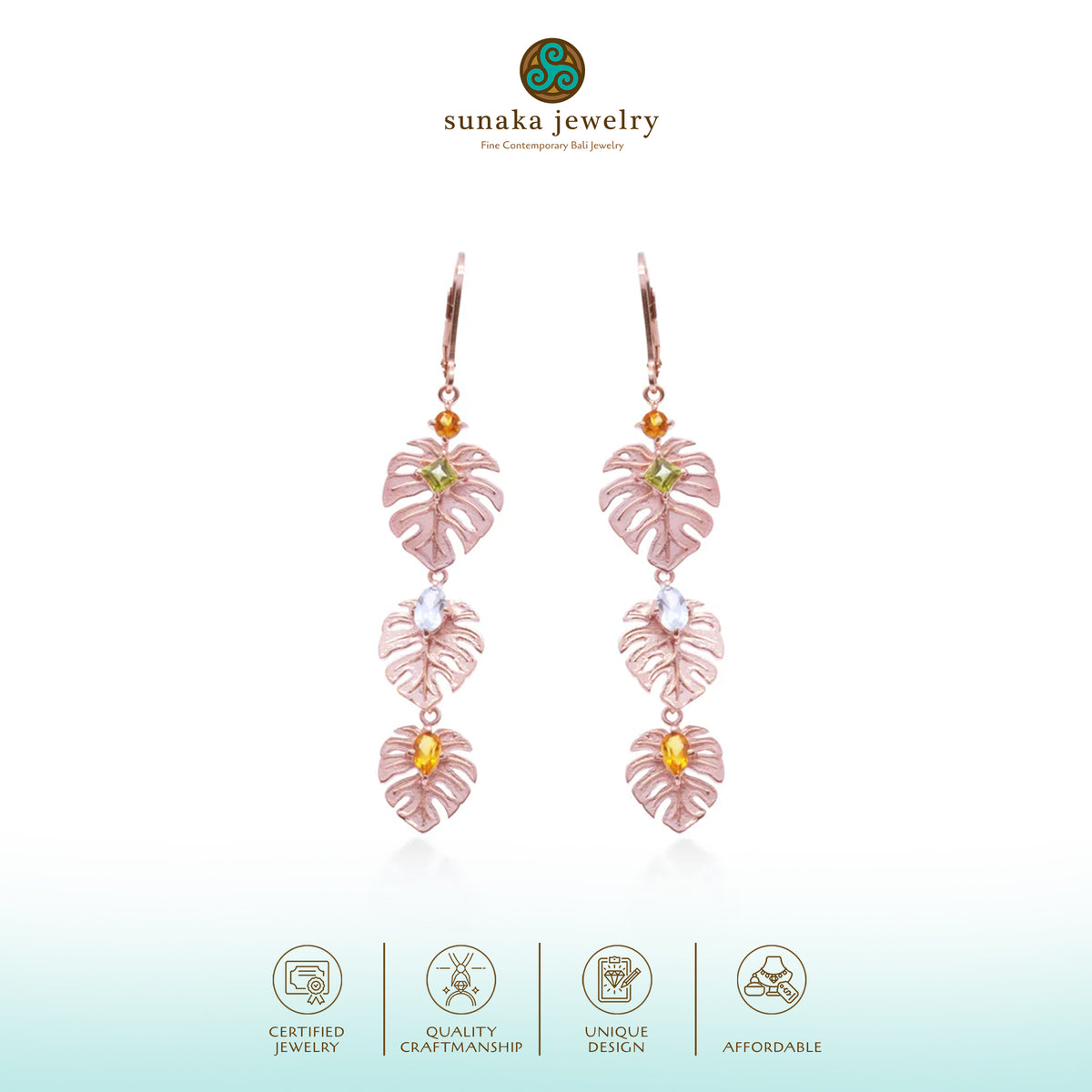 Anting Dangling Perak 925 Monstera Rose Gold Plated