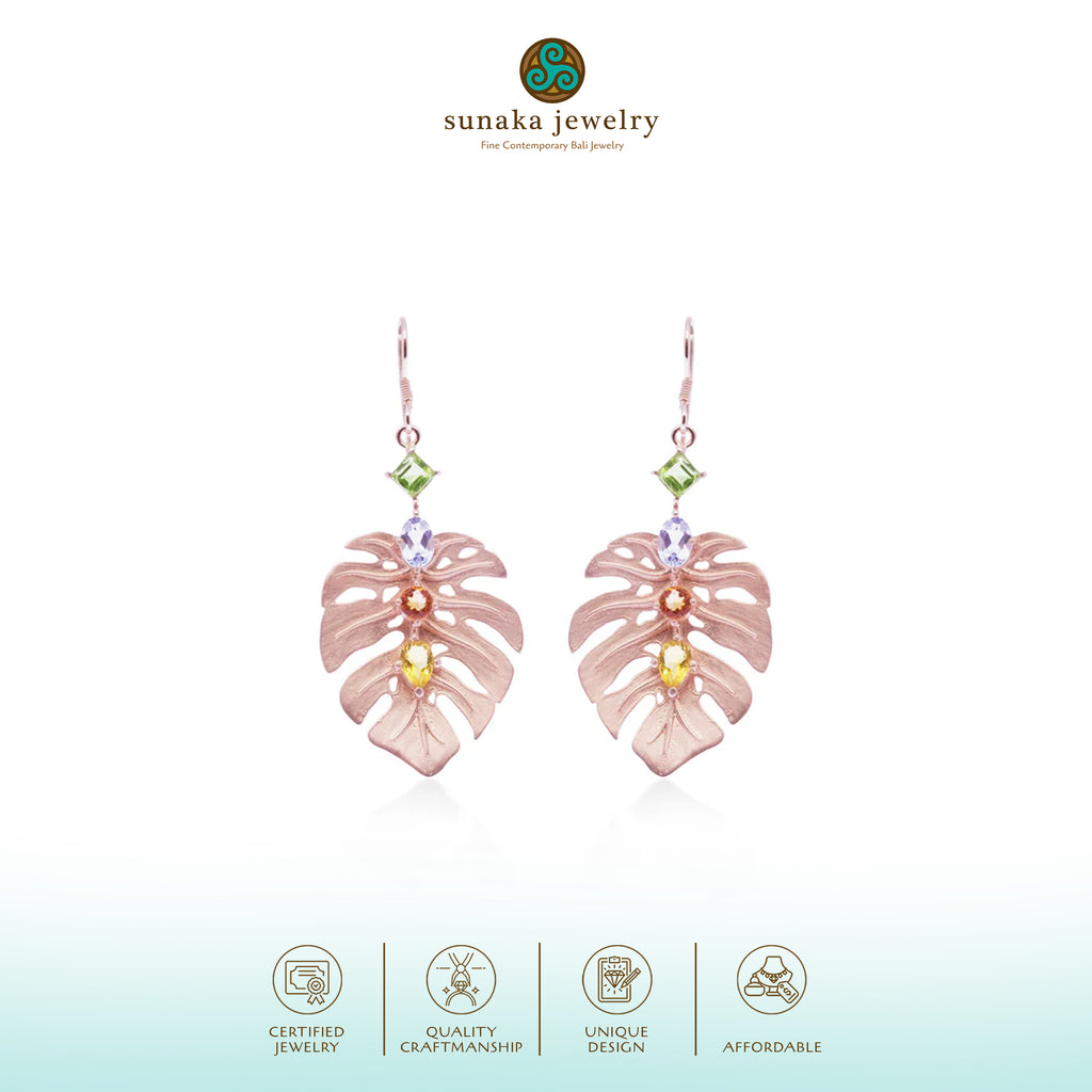 Anting Dangle Perak 925 Monstera Rose Gold Plated