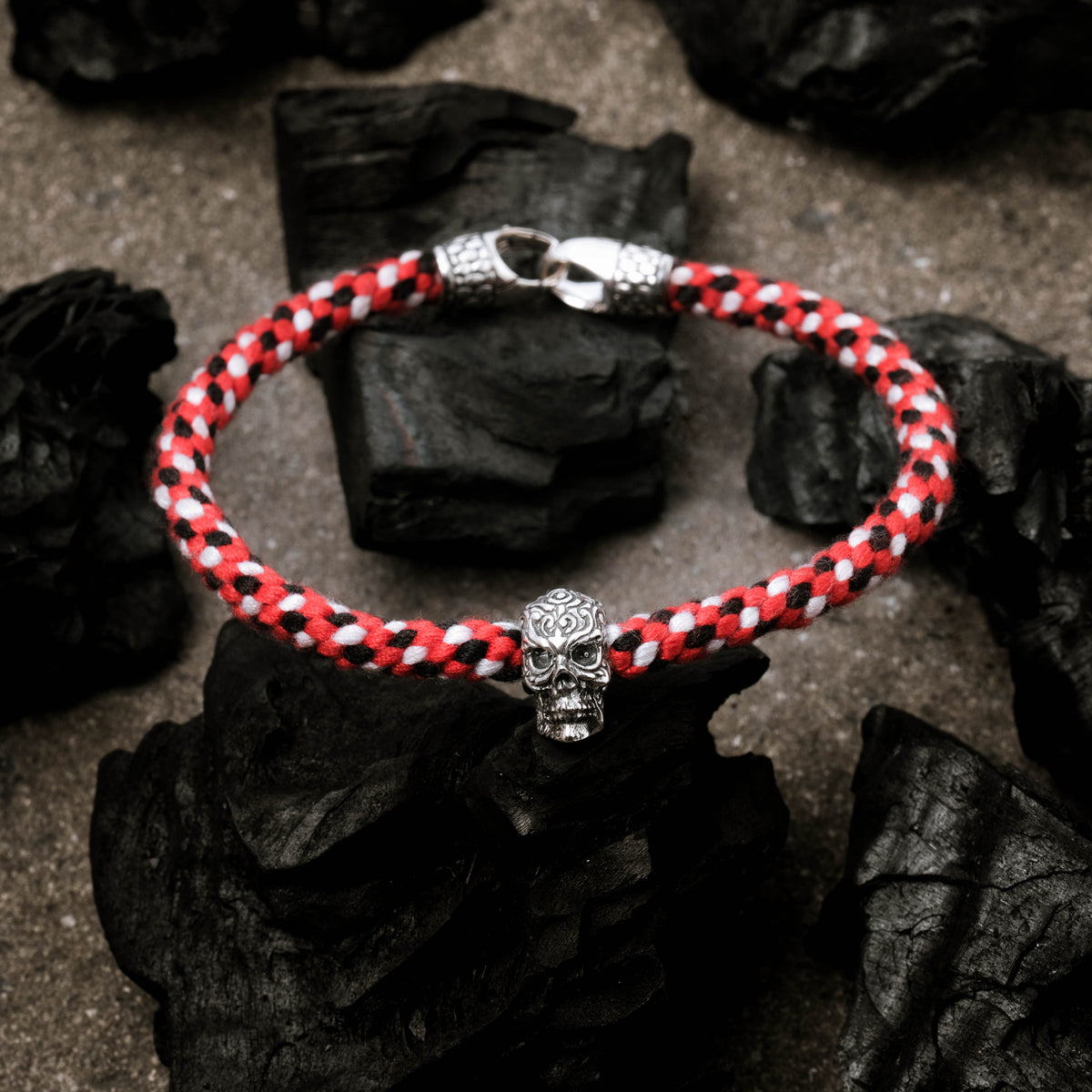 925 Silver Skull Bracelet Braided Rope Collection Black Oxidized Sterling Silver