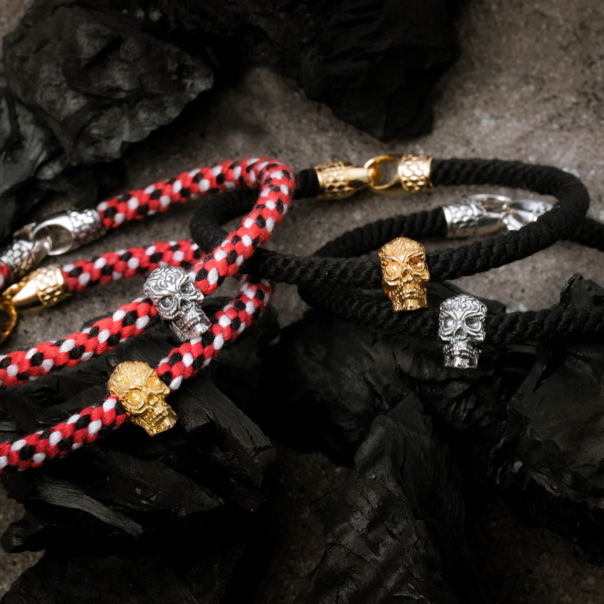 925 Silver Skull Bracelet Braided Rope Collection Black Oxidized Sterling Silver