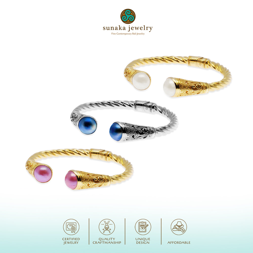 Large Silver Cuff Bracelet Mandalika Pearl Collection Sterling Silver 925 Gold Plated