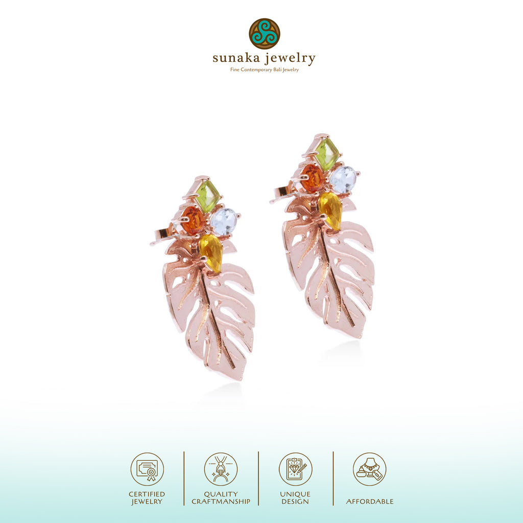 Rose Gold Plated Monstera Mini Silver Stud Earrings