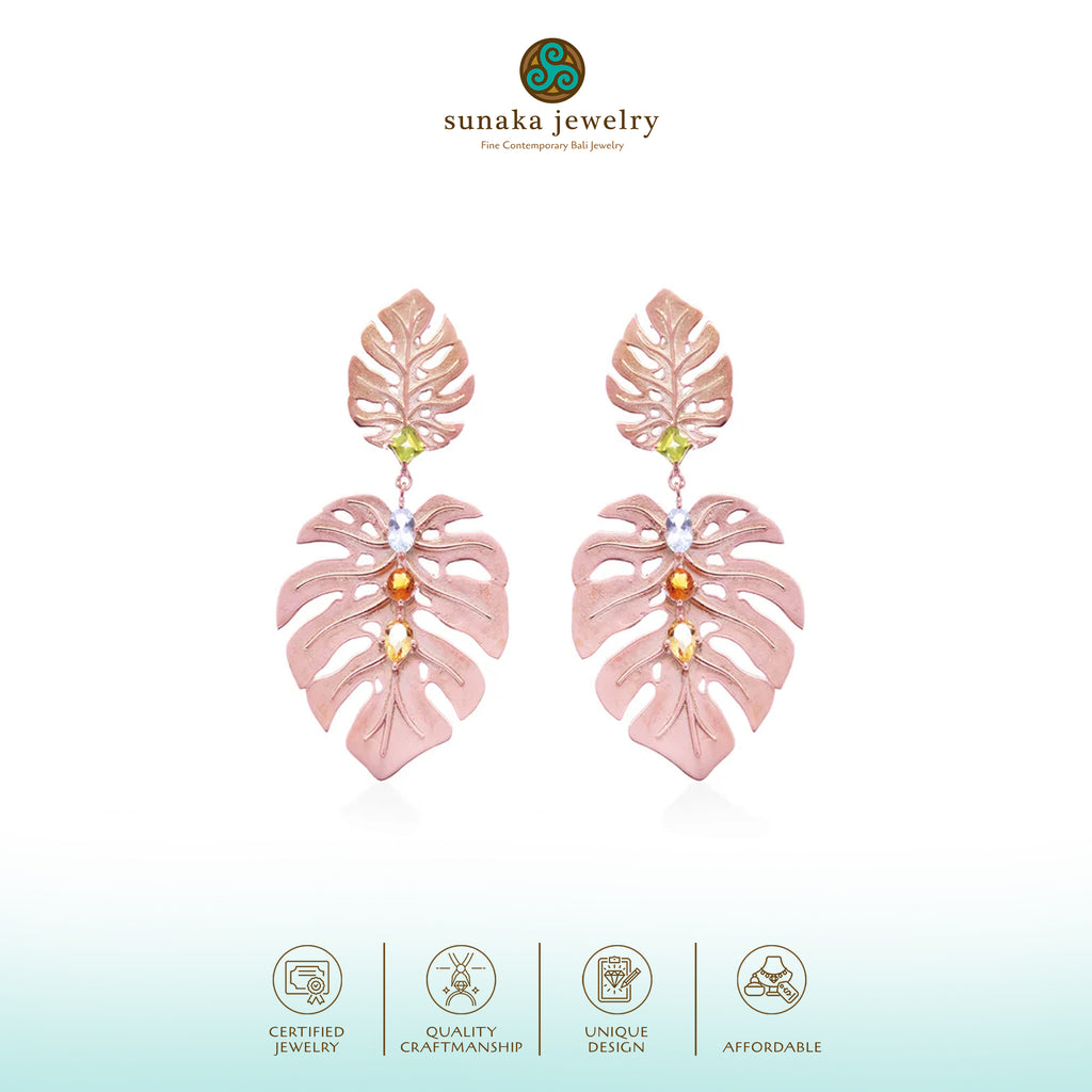 925 Silver Monstera Rose Gold Plated Statement Earrings