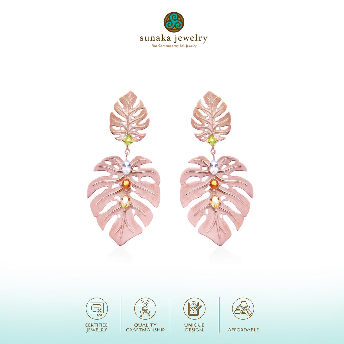 Anting Statment Perak 925 Monstera Rose Gold Plated