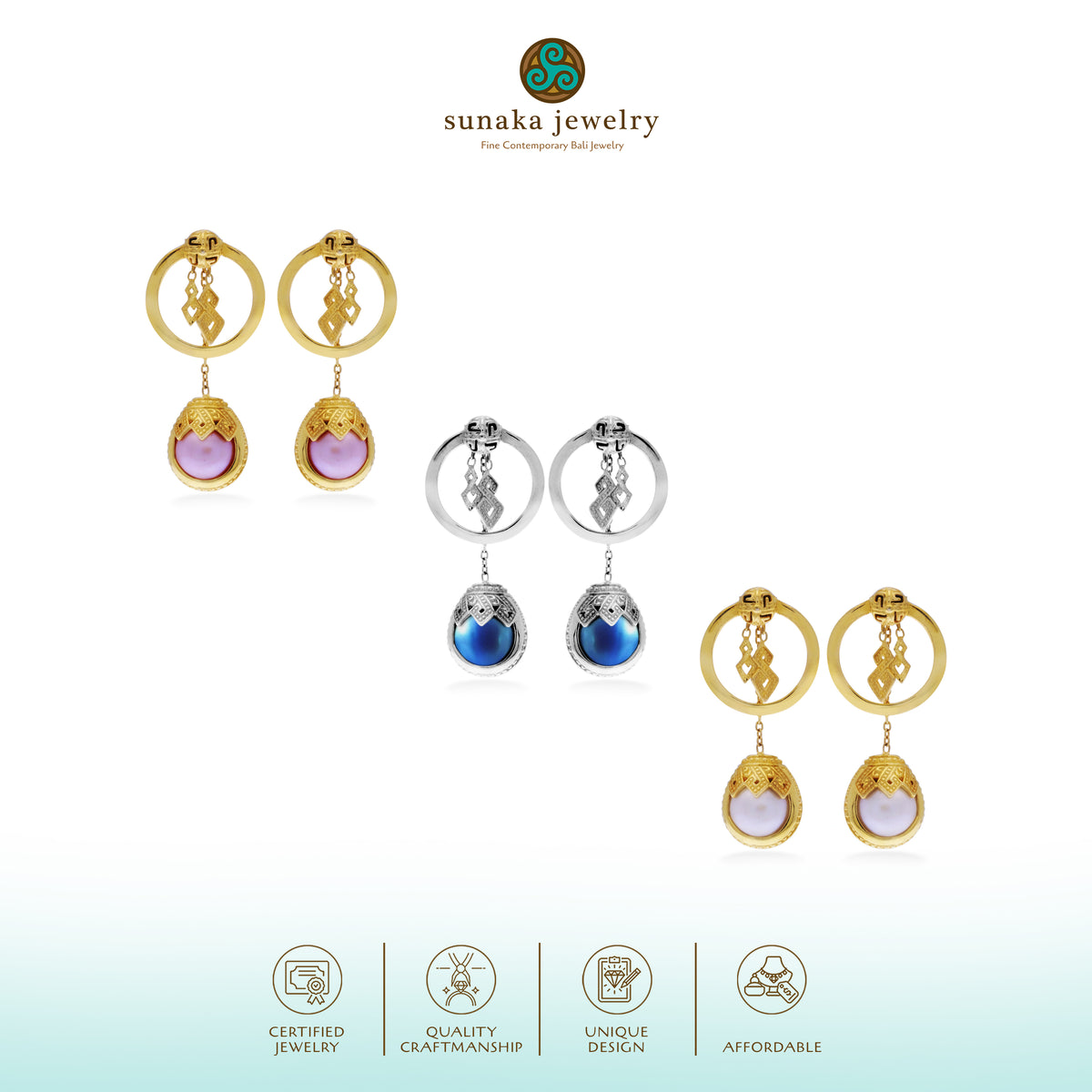 Anting Stud Drop Pendek Perak 925 Koleksi Mutiara Mandalika