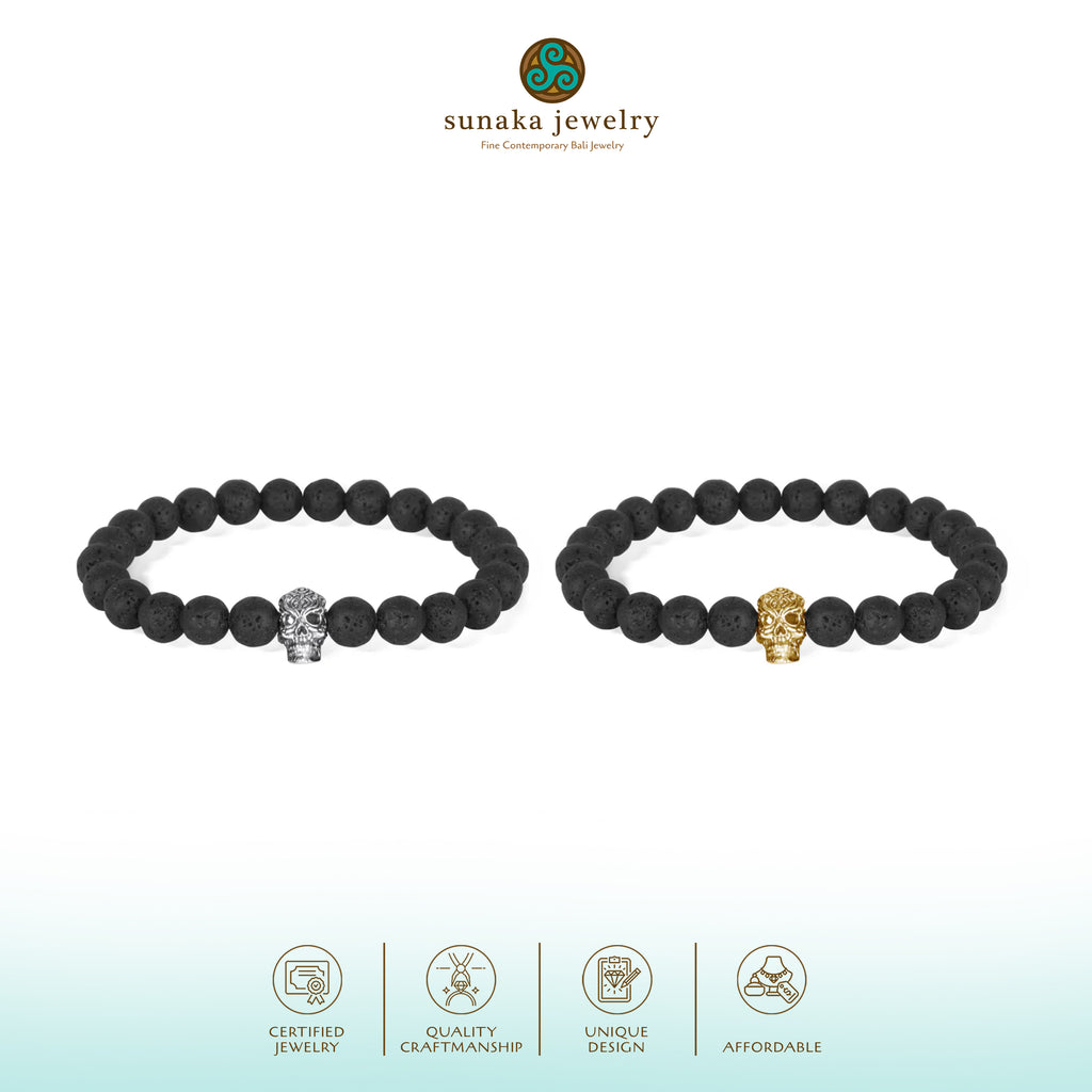 925 Sterling Silver Oxidized Skull Lava Bead Bracelet