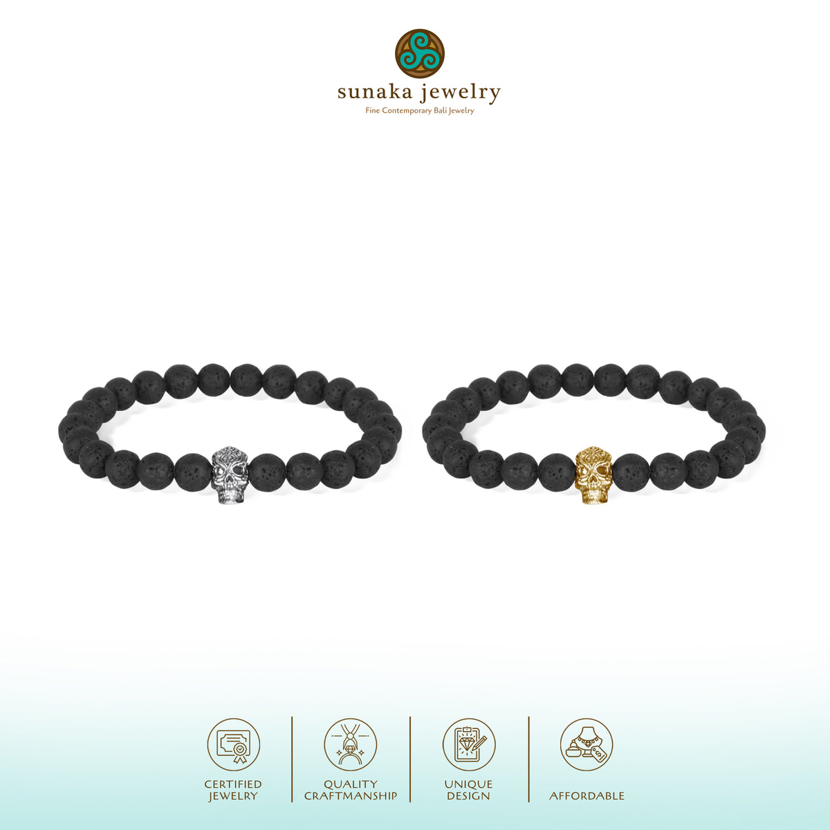 Gelang Perak 925 Koleksi Lava Bead Tengkorak Sterling Silver Oksidasi