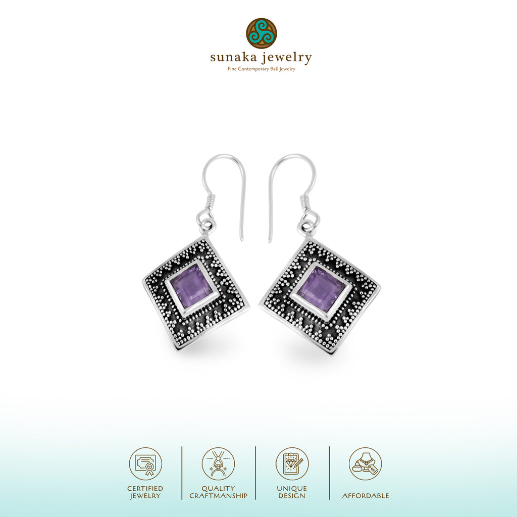 Classic Square Drop Earrings With Gemstones In 925 Sterling Silver Jawan Gunung Collections/E.373