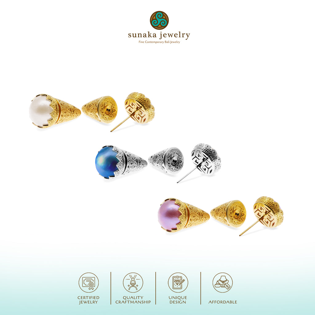 Large Subeng Silver Stud Earrings Mandalika Pearl Collection Sterling Silver 925 Gold Plated
