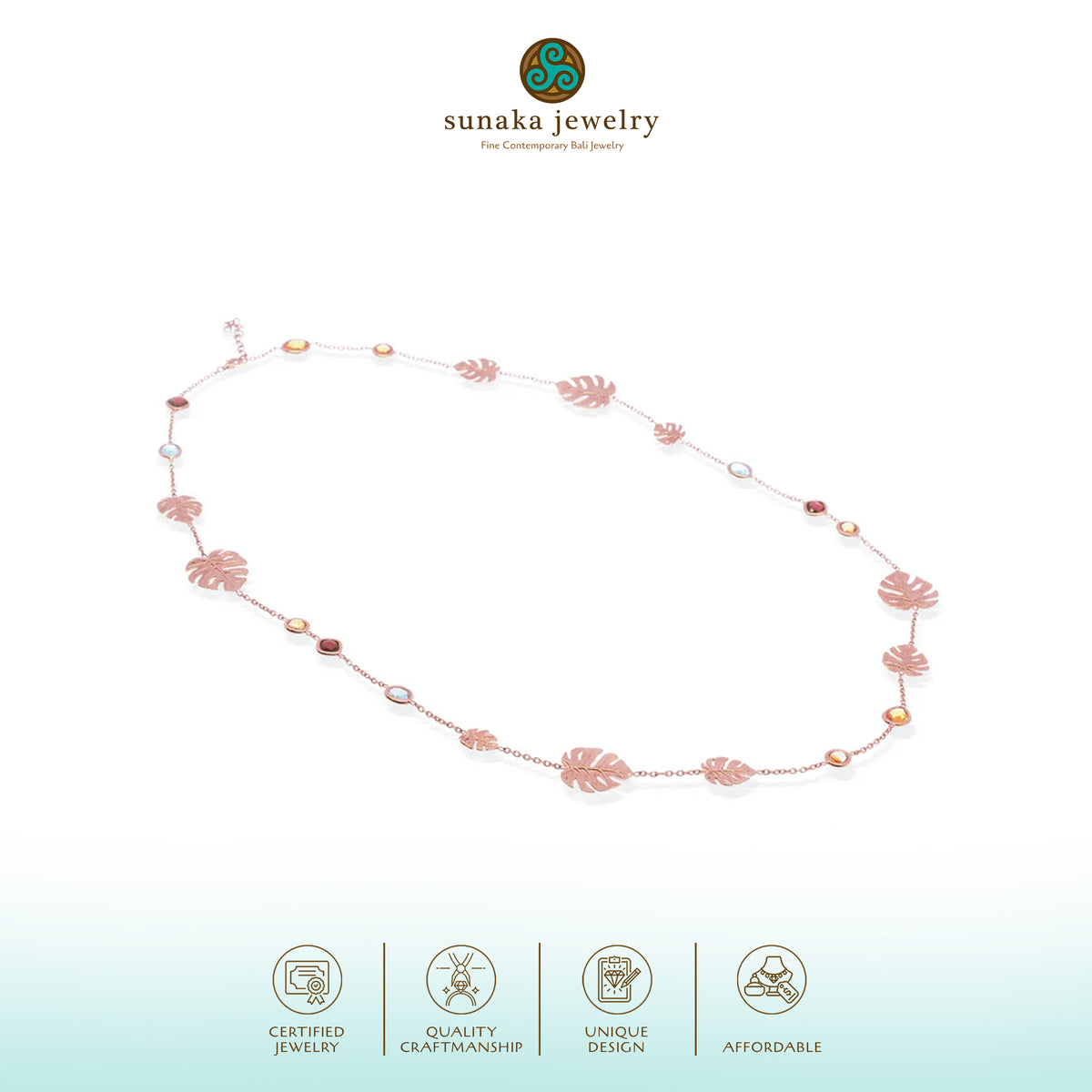 Kalung Layer Perak 925 Koleksi Monstera Rose Gold Plated