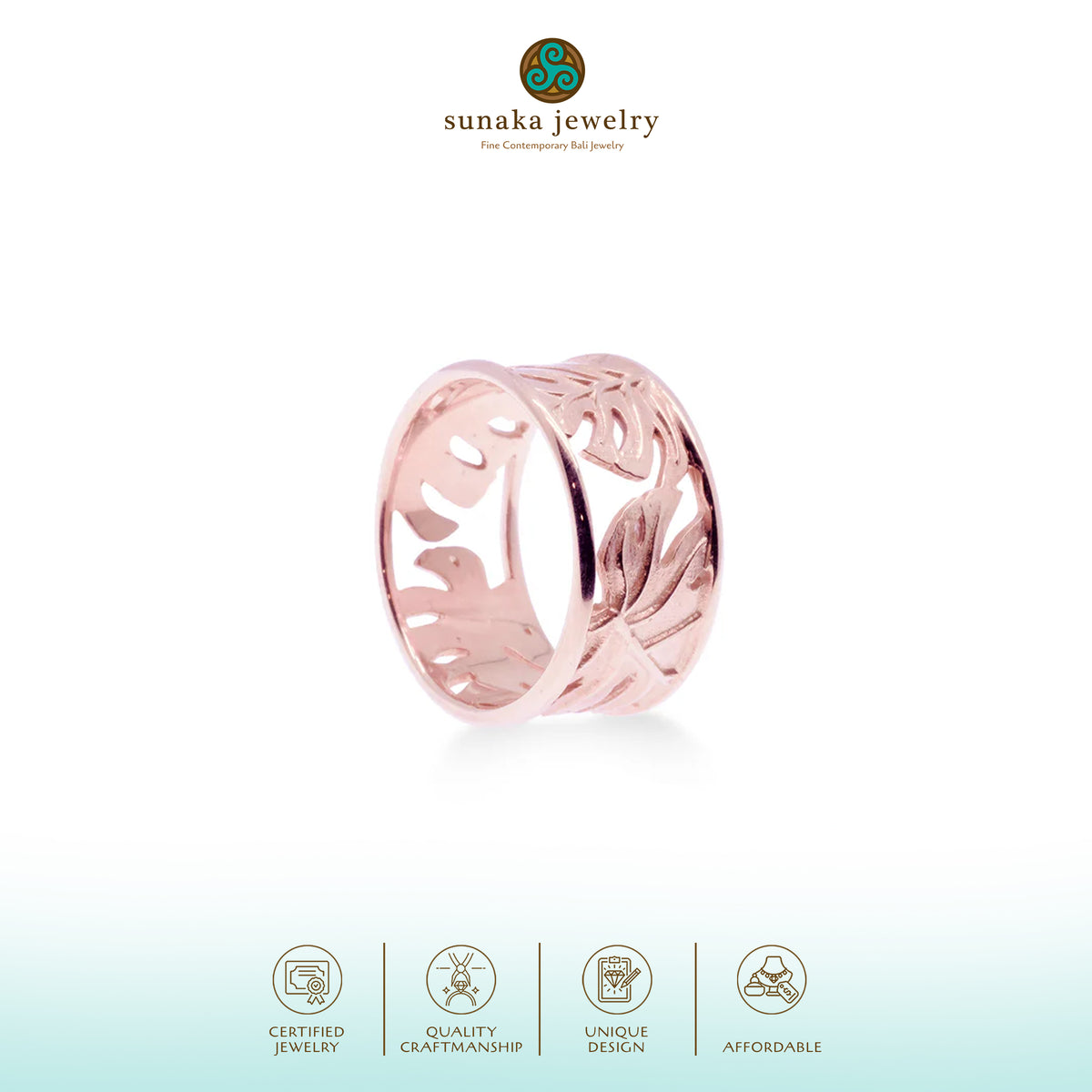 Cincin Band Perak 925 Monstera Rose Gold Plated