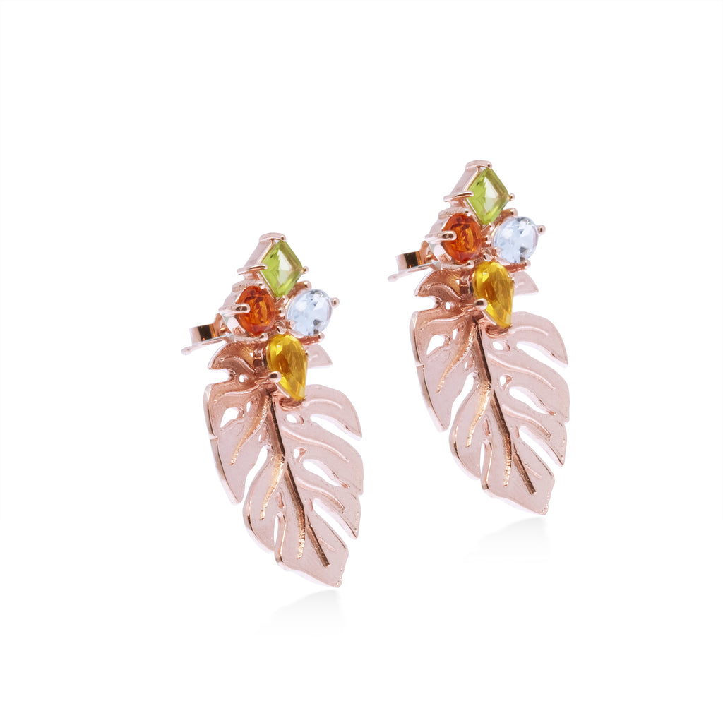 Rose Gold Plated Monstera Mini Silver Stud Earrings