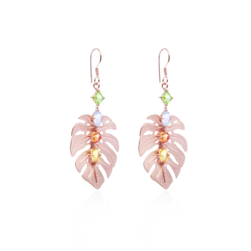 Anting Dangle Perak 925 Monstera Rose Gold Plated