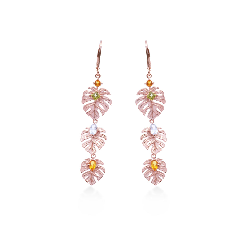 Anting Dangling Perak 925 Monstera Rose Gold Plated