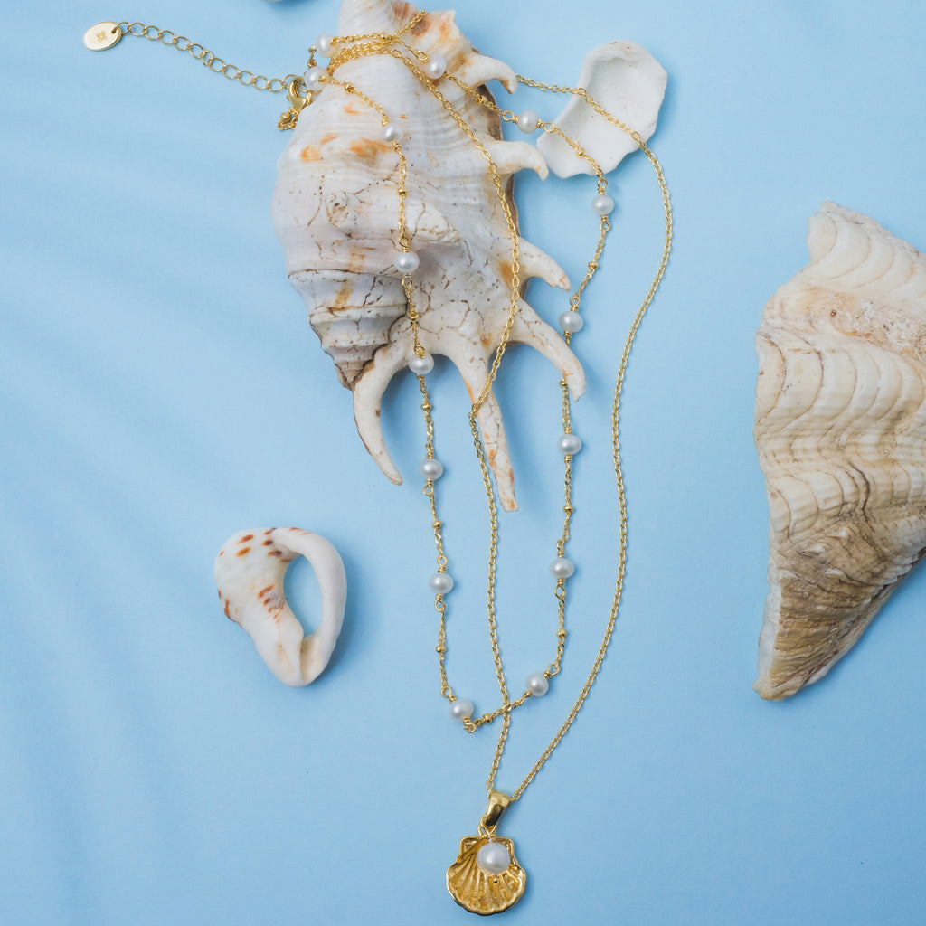 925 Sterling Silver Shell Collection Layered Chain Necklace