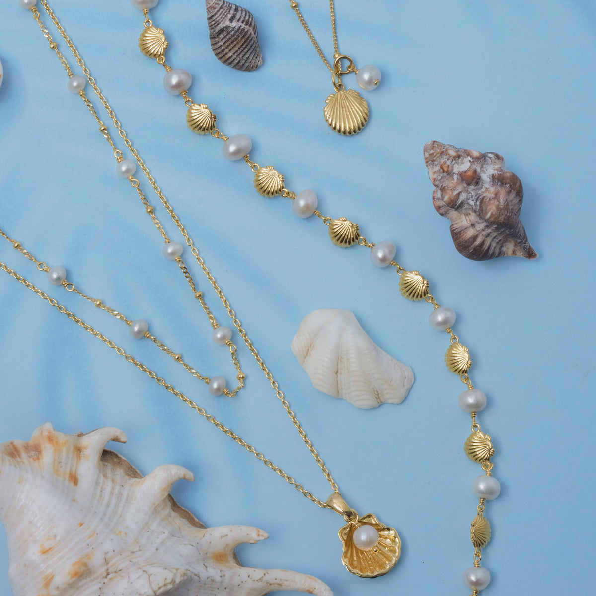 925 Sterling Silver Shell Collection Layered Chain Necklace