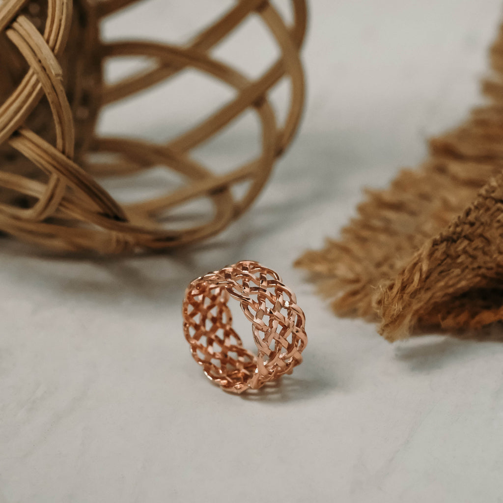 Cincin Band Perak Besar Koleksi Woven Sterling Silver Rose Gold Plated