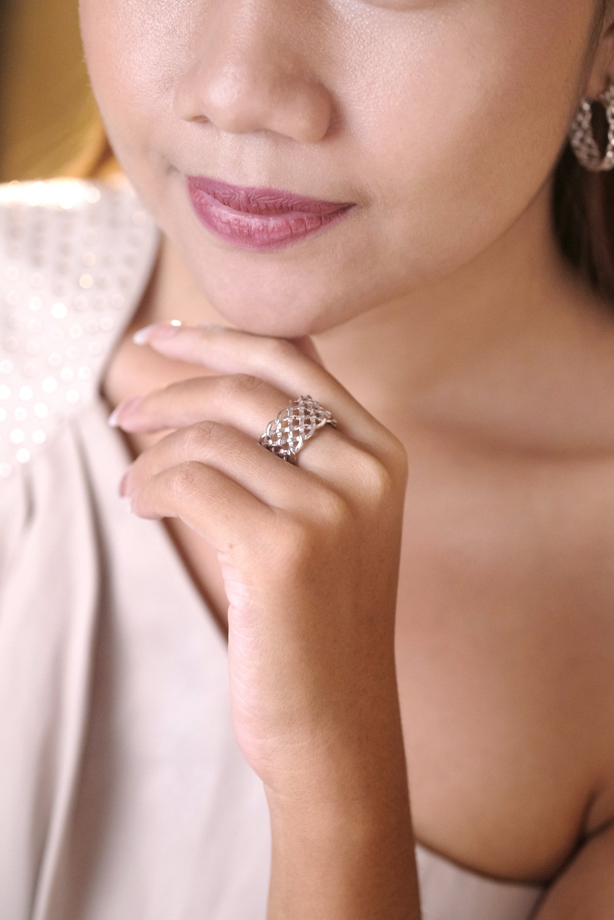 Cincin Band Perak Besar Koleksi Woven Sterling Silver Rose Gold Plated