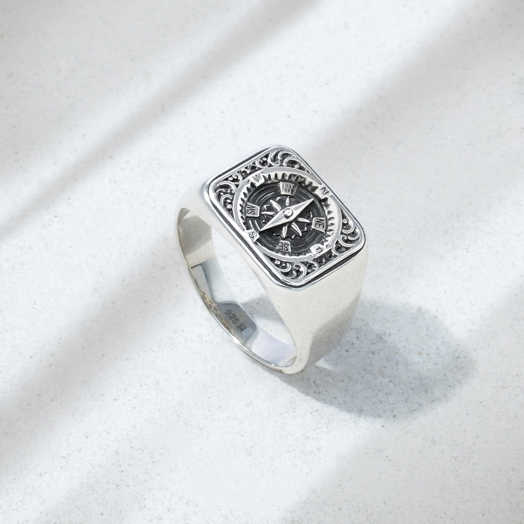 Sterling Silver Compass Collection Square Signet Ring