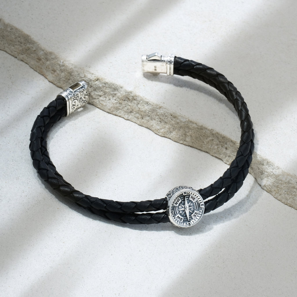 Kompas Collection Sterling Silver Leather Bracelet