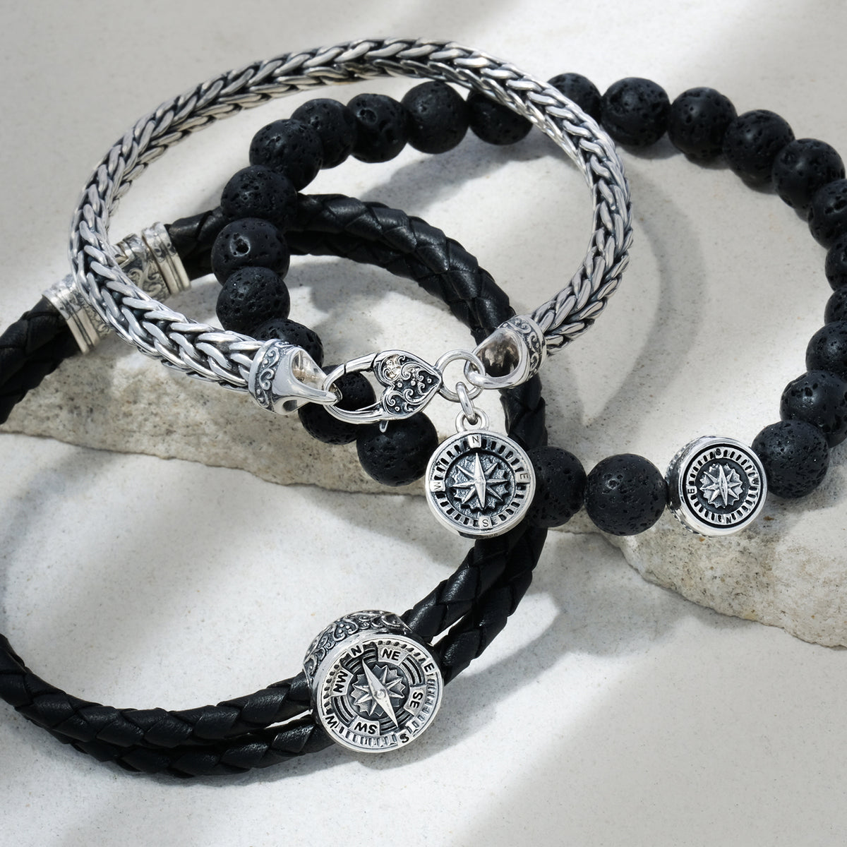 Kompas Collection Sterling Silver Leather Bracelet