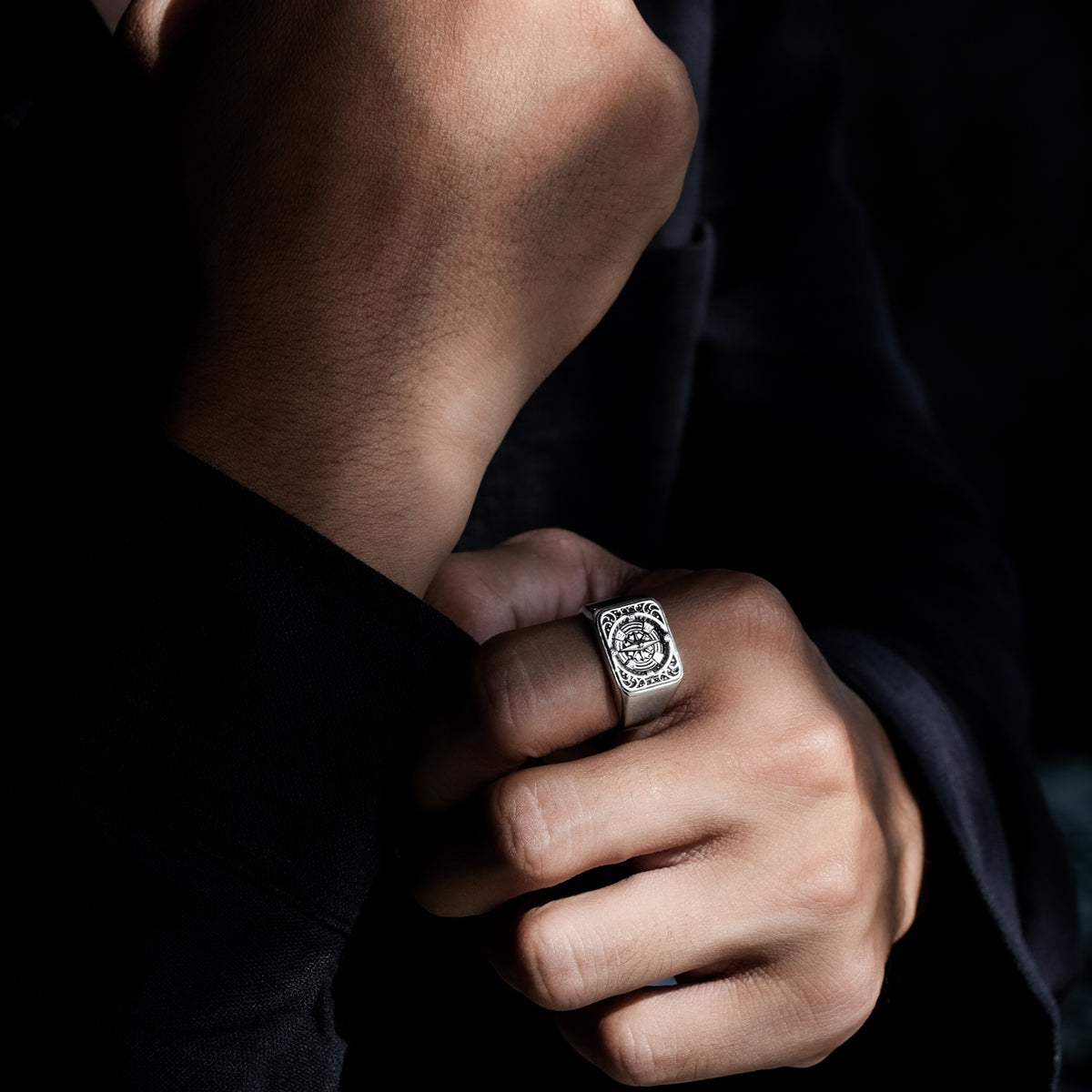 Sterling Silver Compass Collection Square Signet Ring