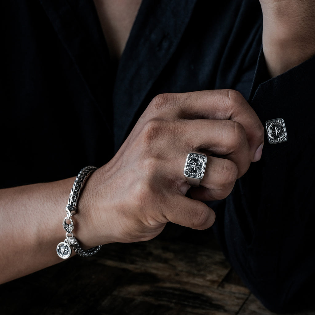Sterling Silver Compass Collection Square Signet Ring