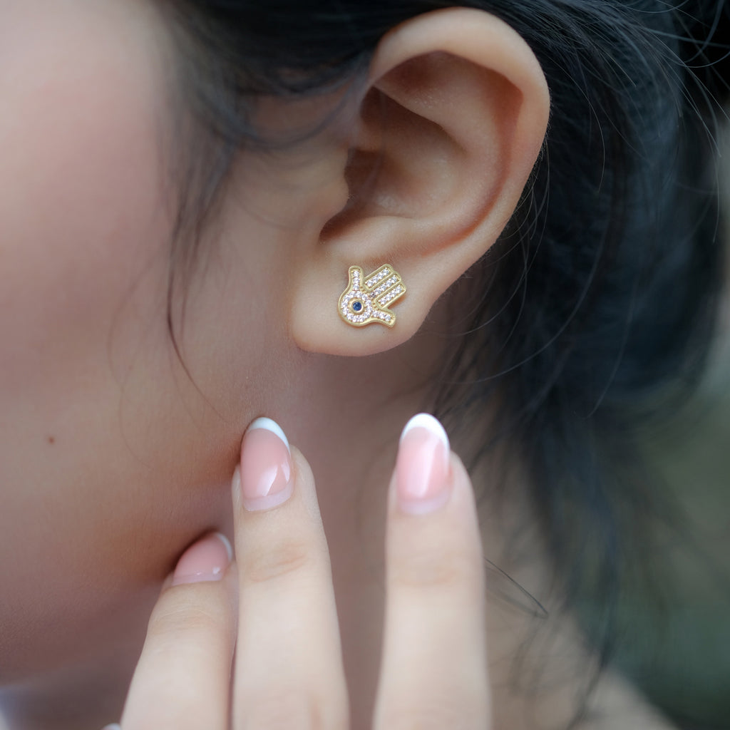 Hamsa Collection Sterling Silver 925 Gold Plated Stud Earrings