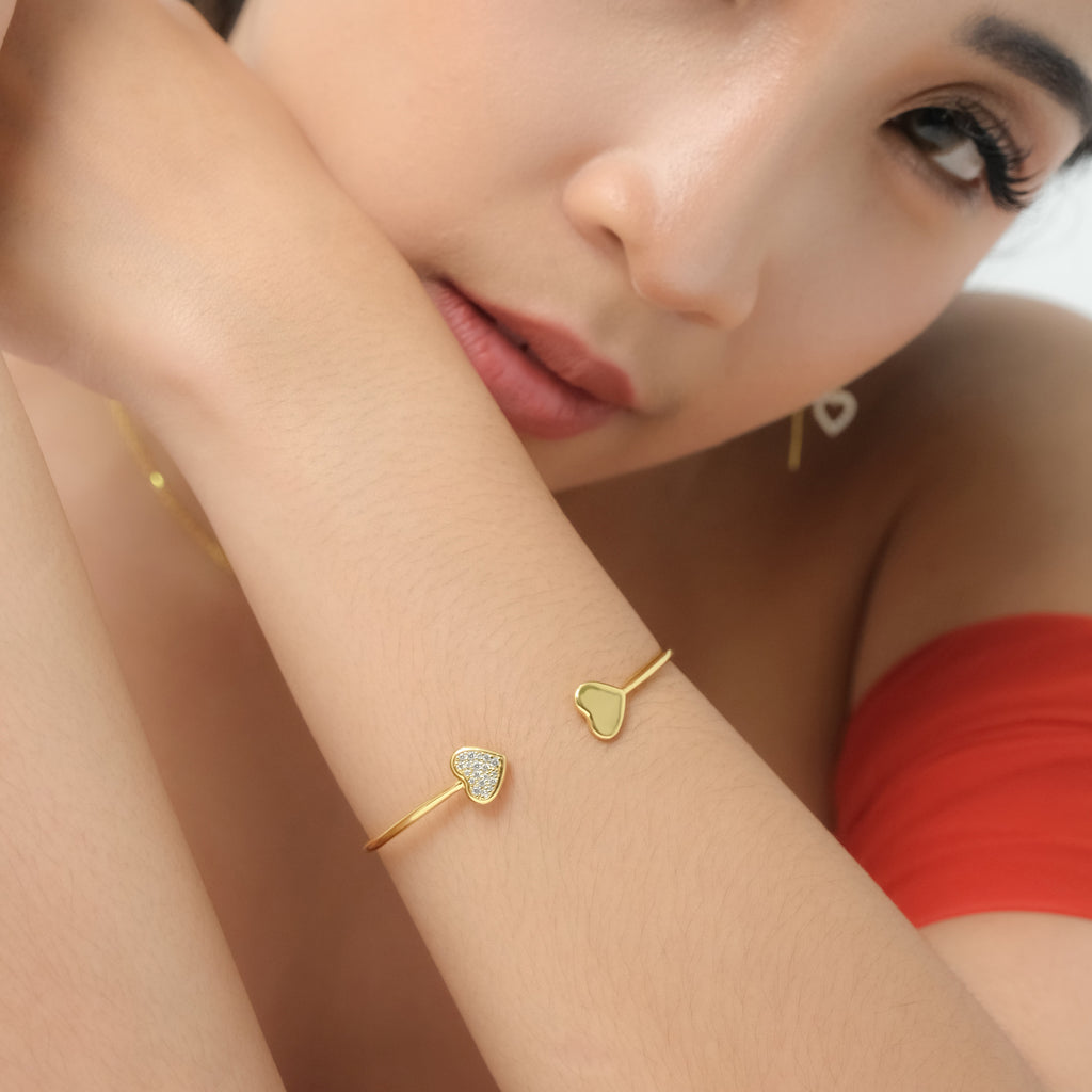 Dainty Heart Sterling Silver 925 Gold Plated Cuff Bangle