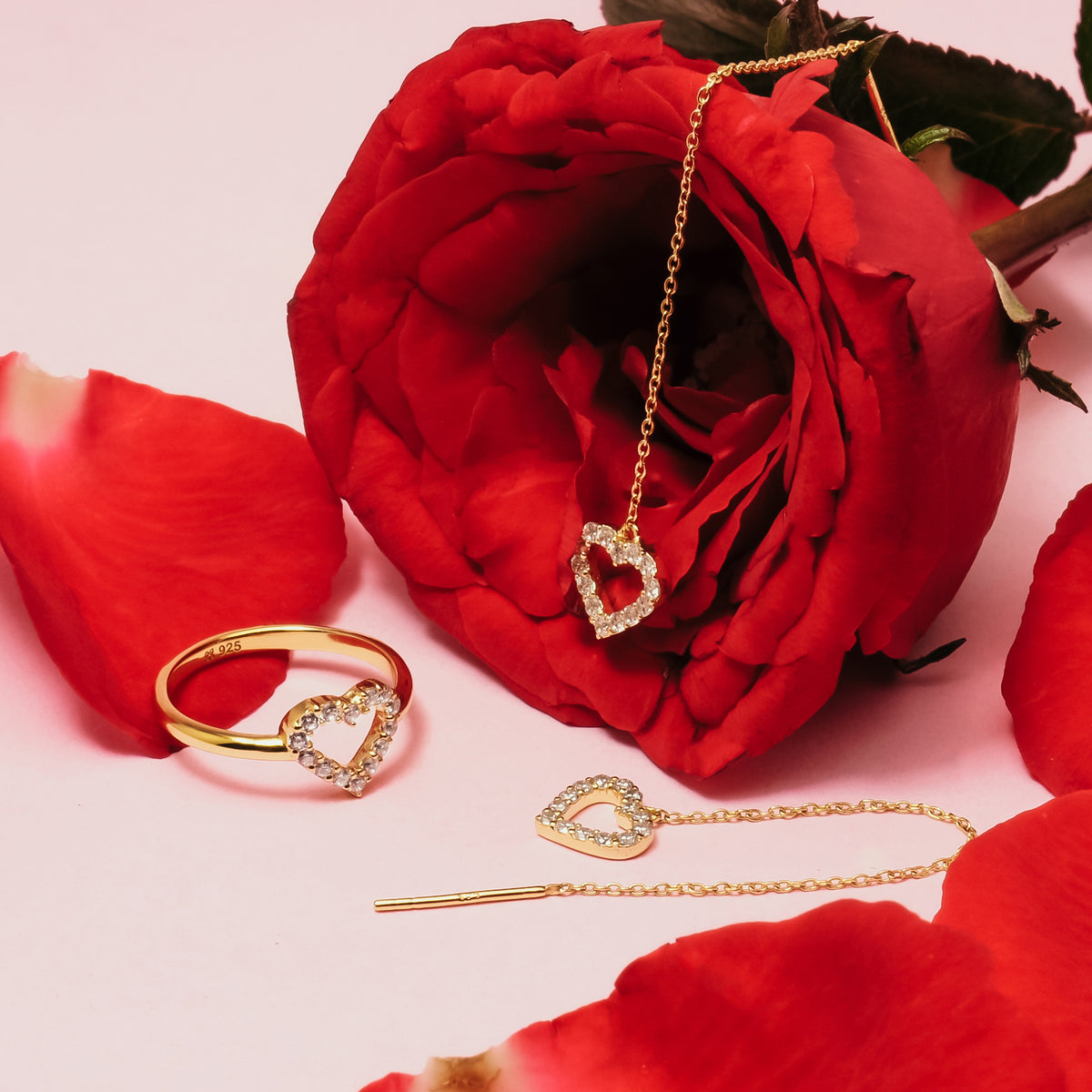 Dainty Heart Sterling Silver 925 Gold Plated Threader Earrings