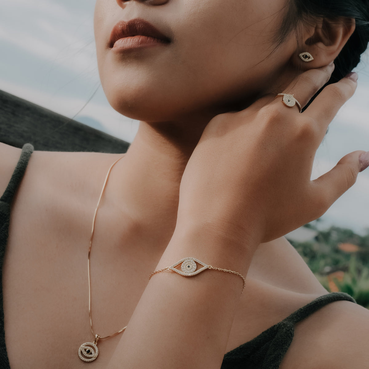 Evil Eye Sterling Silver 925 Gold Plated Stud Earrings