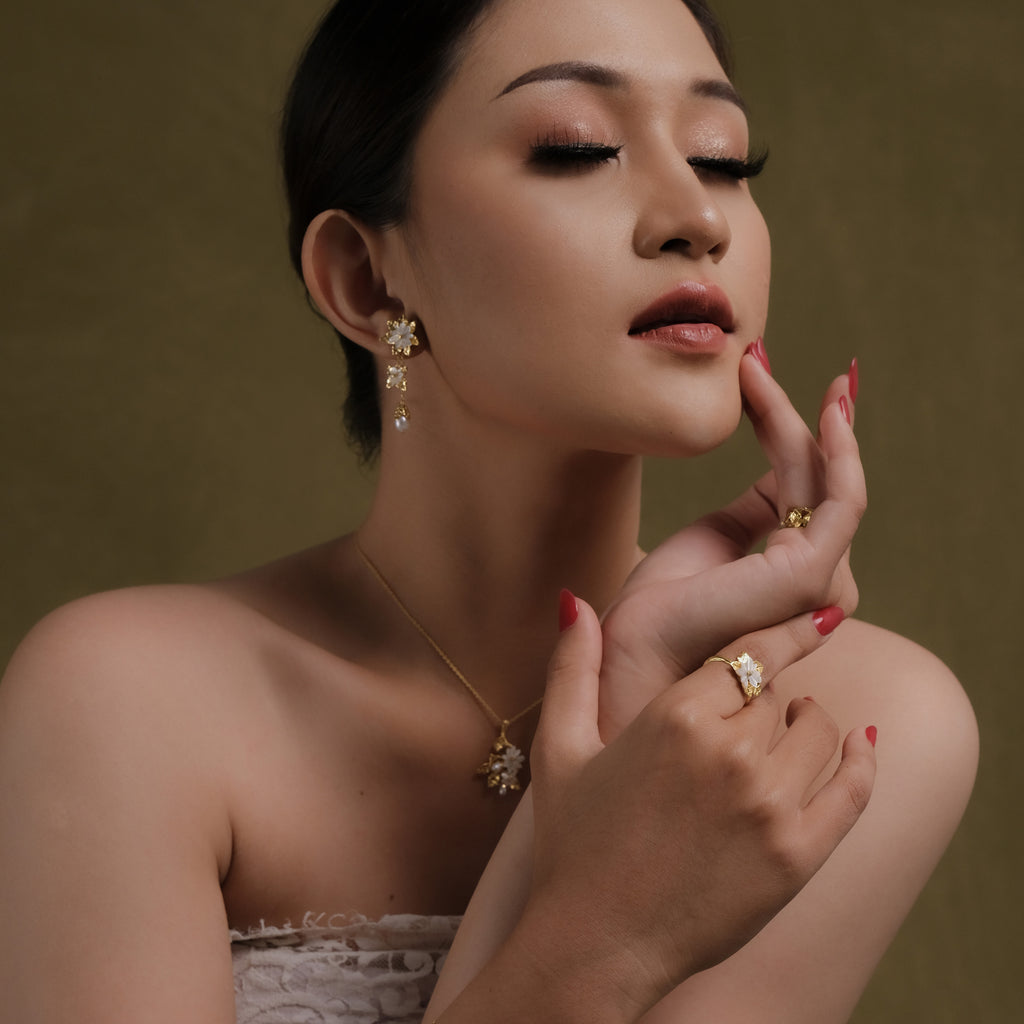 Anting Drop Trio Perak Koleksi Mutiara Melati Sterling Silver 925 Gold Plated