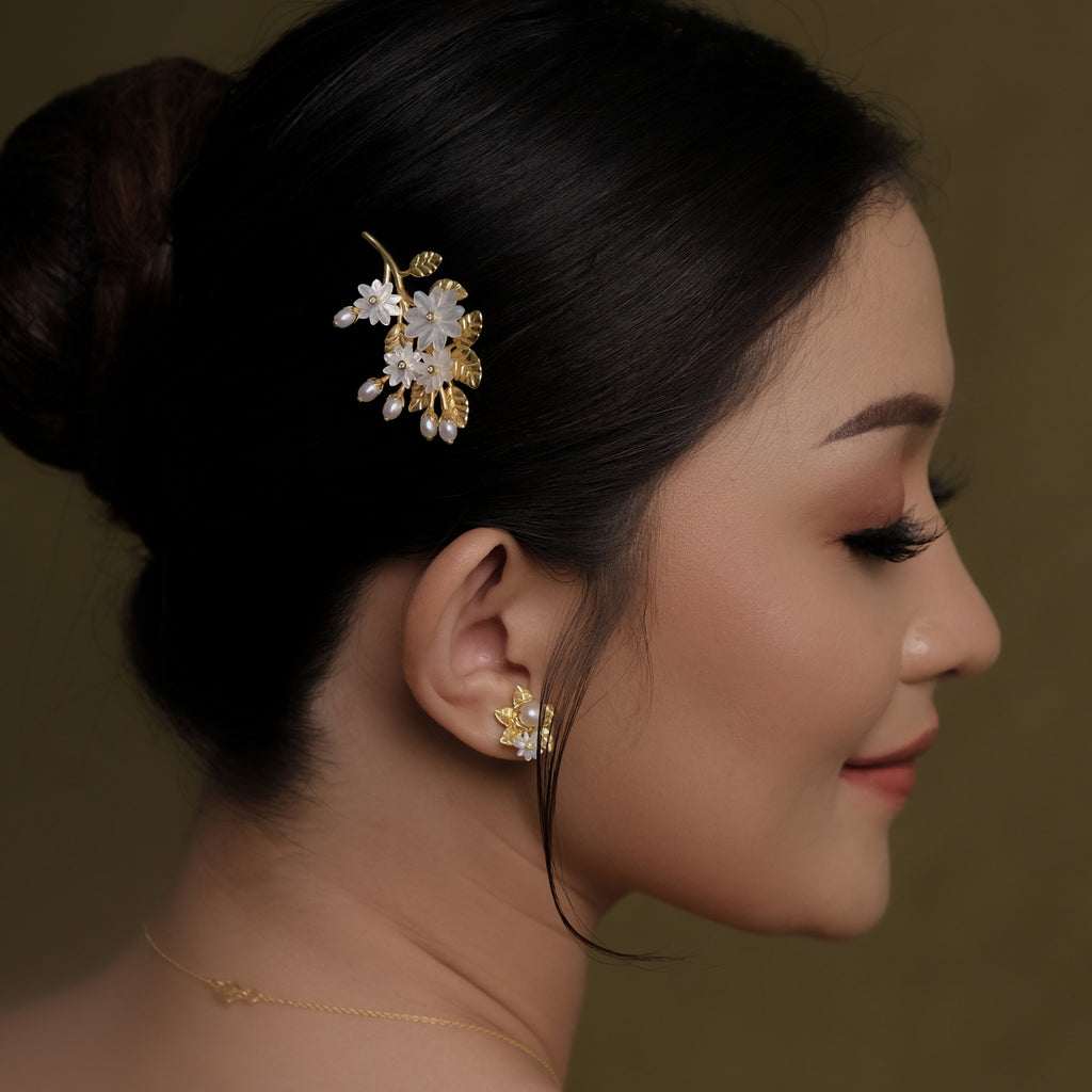 Medium Hairclip Pearl Jasmine Gold Plated Sterling Silver 925