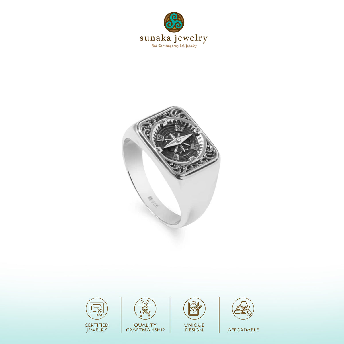 Cincin Signet Square Koleksi Kompas Sterling Silver