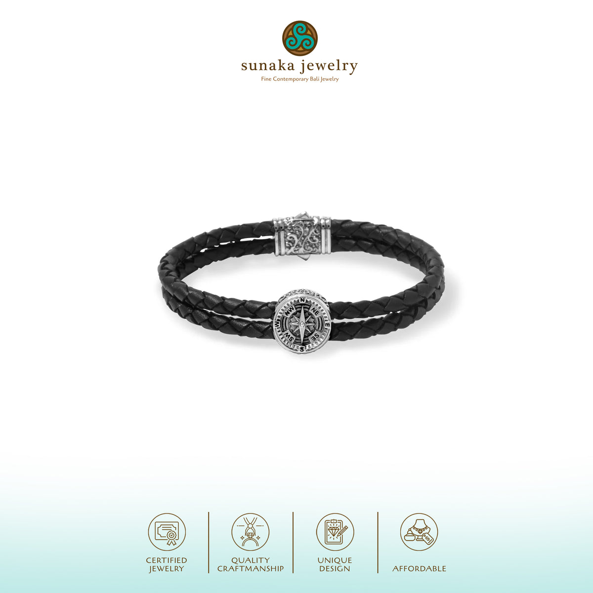 Gelang Kulit Perak Koleksi Kompas Sterling Silver