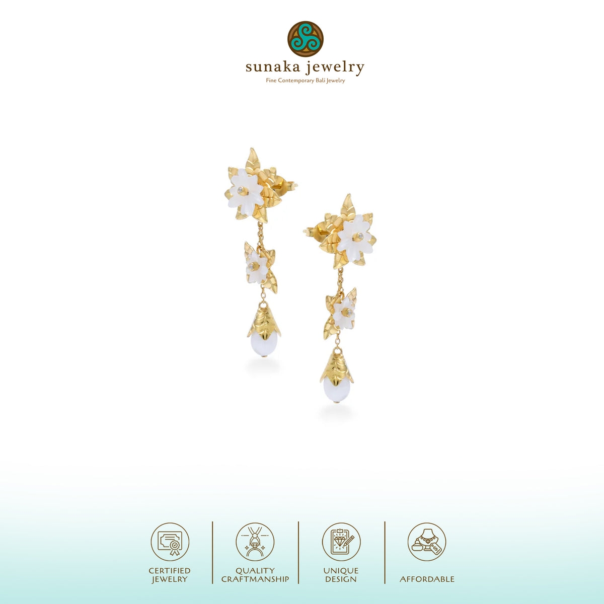 Anting Drop Trio Perak Koleksi Mutiara Melati Sterling Silver 925 Gold Plated