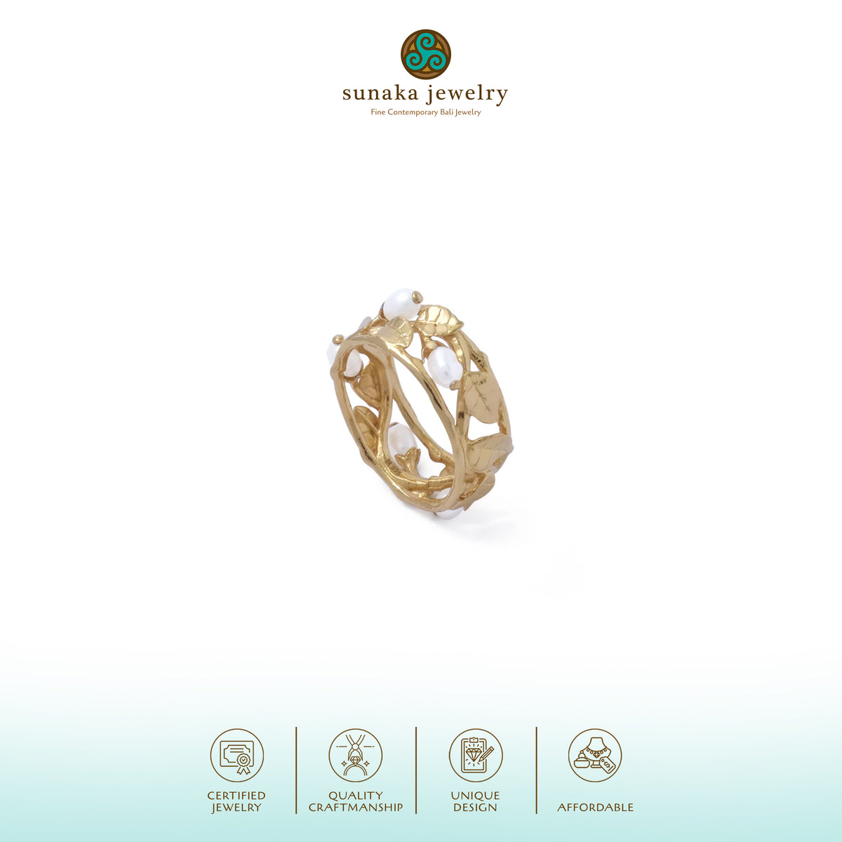 Cincin Bandring Perak Koleksi Mutiara Melati Sterling Silver 925 Gold Plated