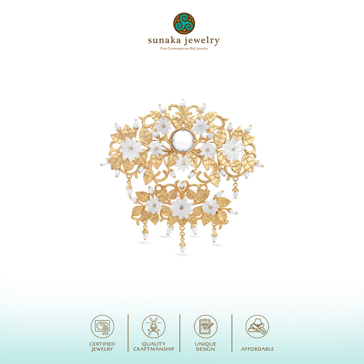 Bross Besar Perak Koleksi Mutiara Melati Sterling Silver 925 Gold Plated