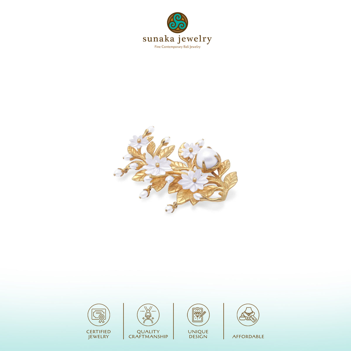 Bross Kecil Sedang Perak Koleksi Mutiara Melati Sterling Silver 925 Gold Plated