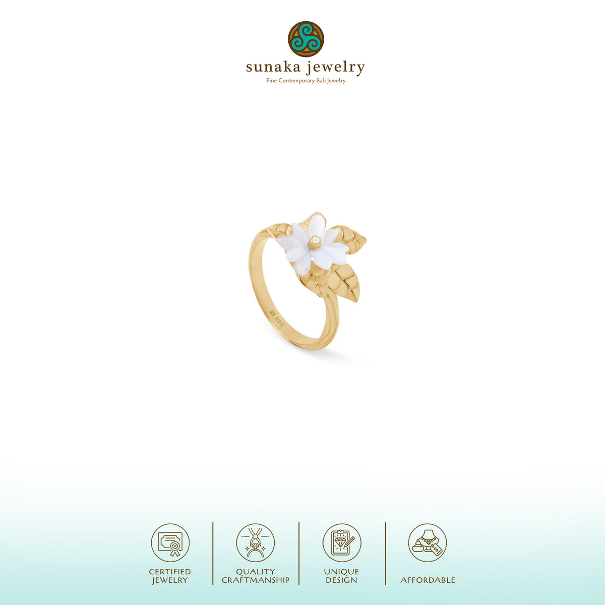 Cincin Cocktail Perak Koleksi Mutiara Melati Sterling Silver 925 Gold Plated