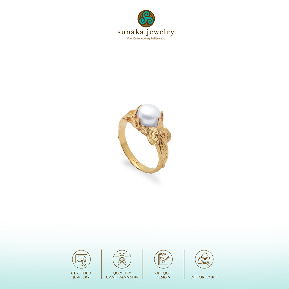 Cincin Cocktail 2 Perak Koleksi Mutiara Melati Sterling Silver 925 Gold Plated
