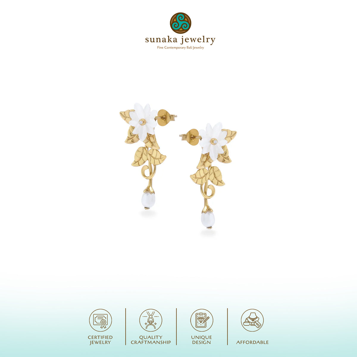 Anting Drop Duo Perak Koleksi Mutiara Melati Sterling Silver 925 Gold Plated