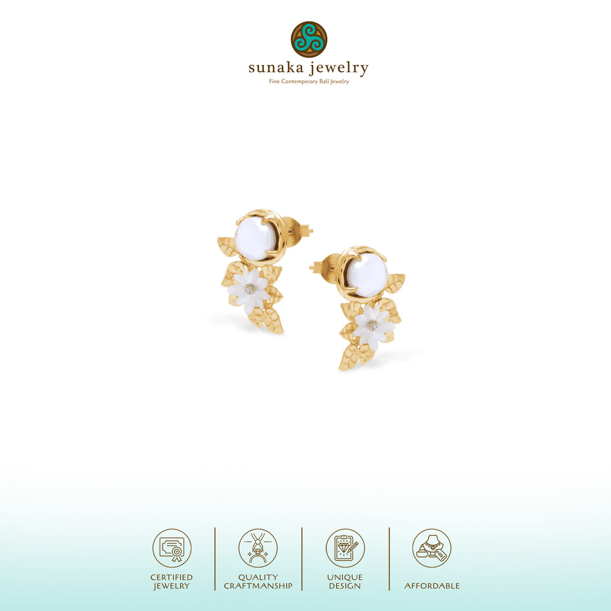 Anting Earclimber Perak Koleksi Mutiara Melati Sterling Silver 925 Gold Plated