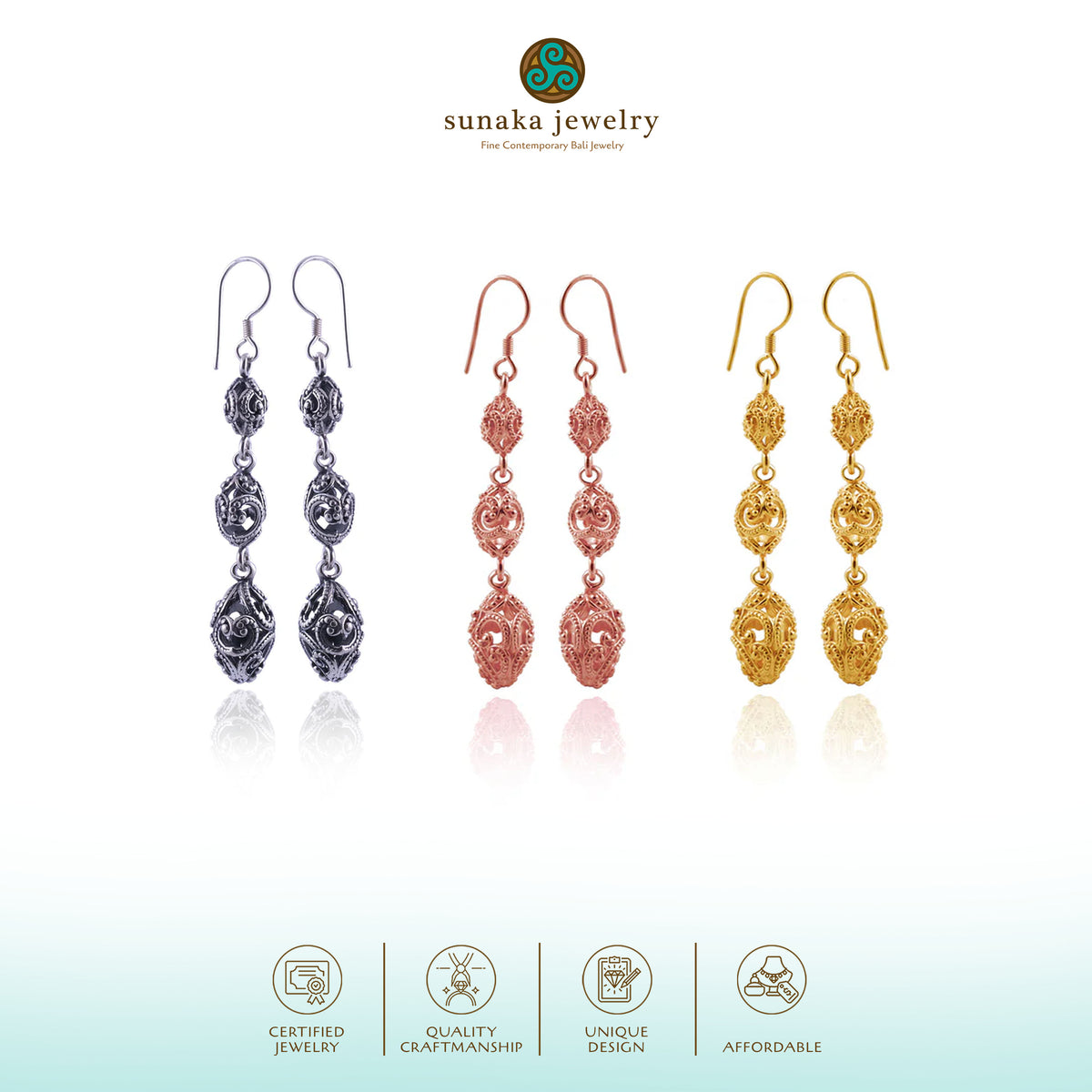 Anting Triple Drop Perak 925 Koleksi Ombak Segara Sterling Silver