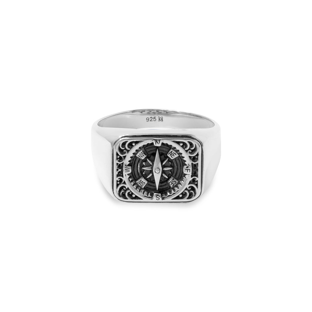 Sterling Silver Compass Collection Square Signet Ring