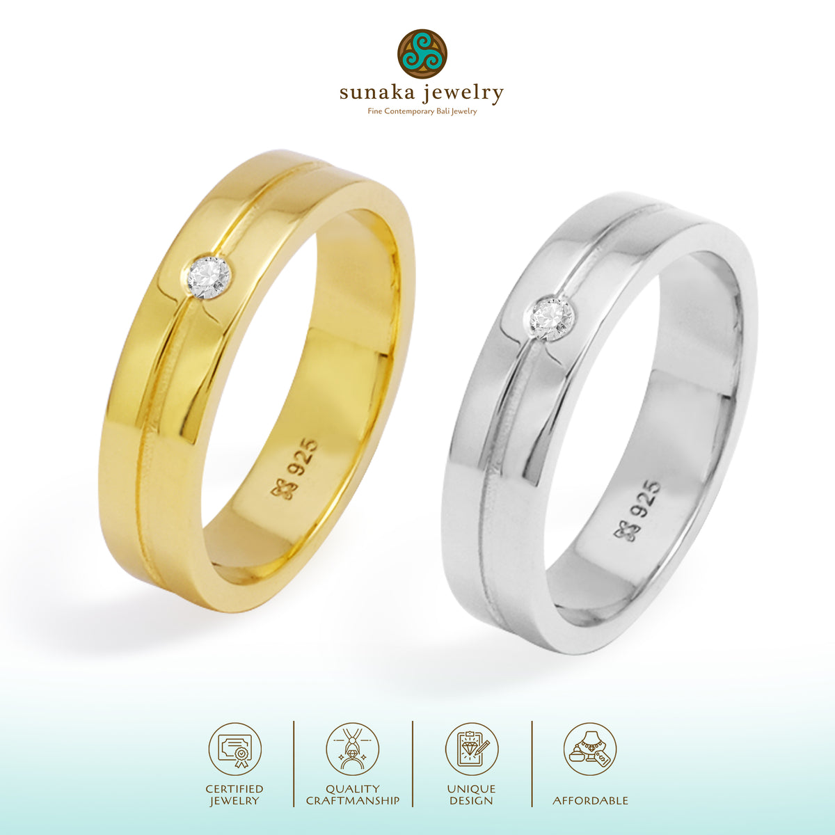 Cincin Couple Single Stone Accent Perak 925 Koleksi Amoria